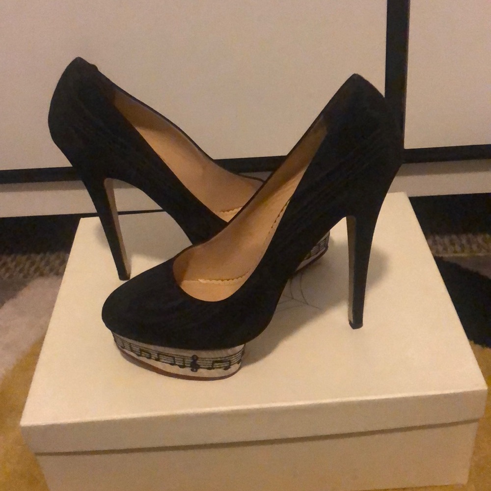 Charlotte Olympia black and white music note pumps with platform sole size 41